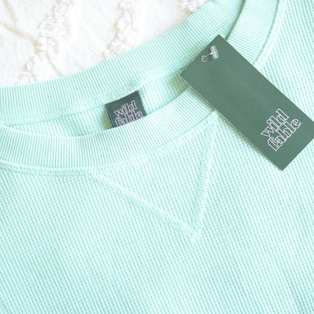 Wild Fable | Waffle Thermal Knit Relaxed Boxy Oversized Long Sleeve Aqua Jersey - Picture 3 of 12